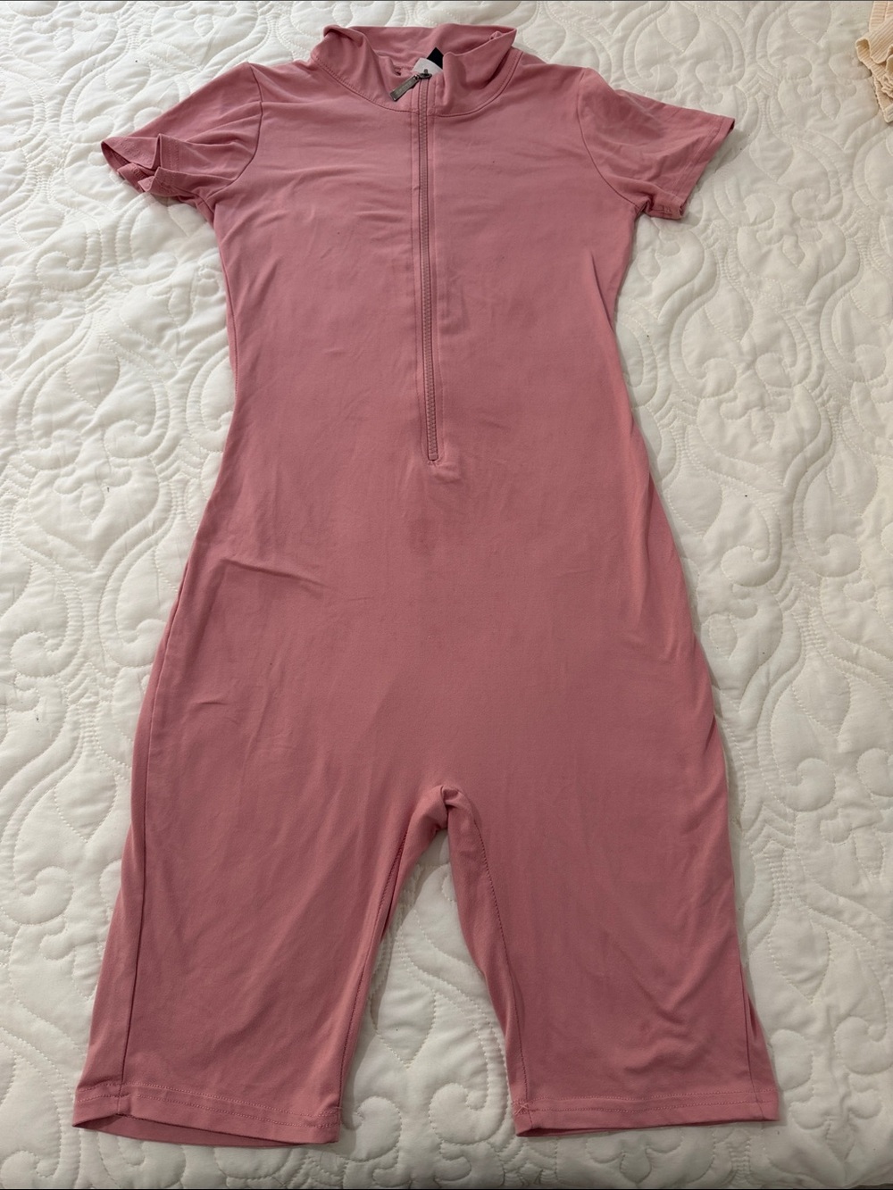 Short Sleeve Zip-Front Romper in Dusty Rose